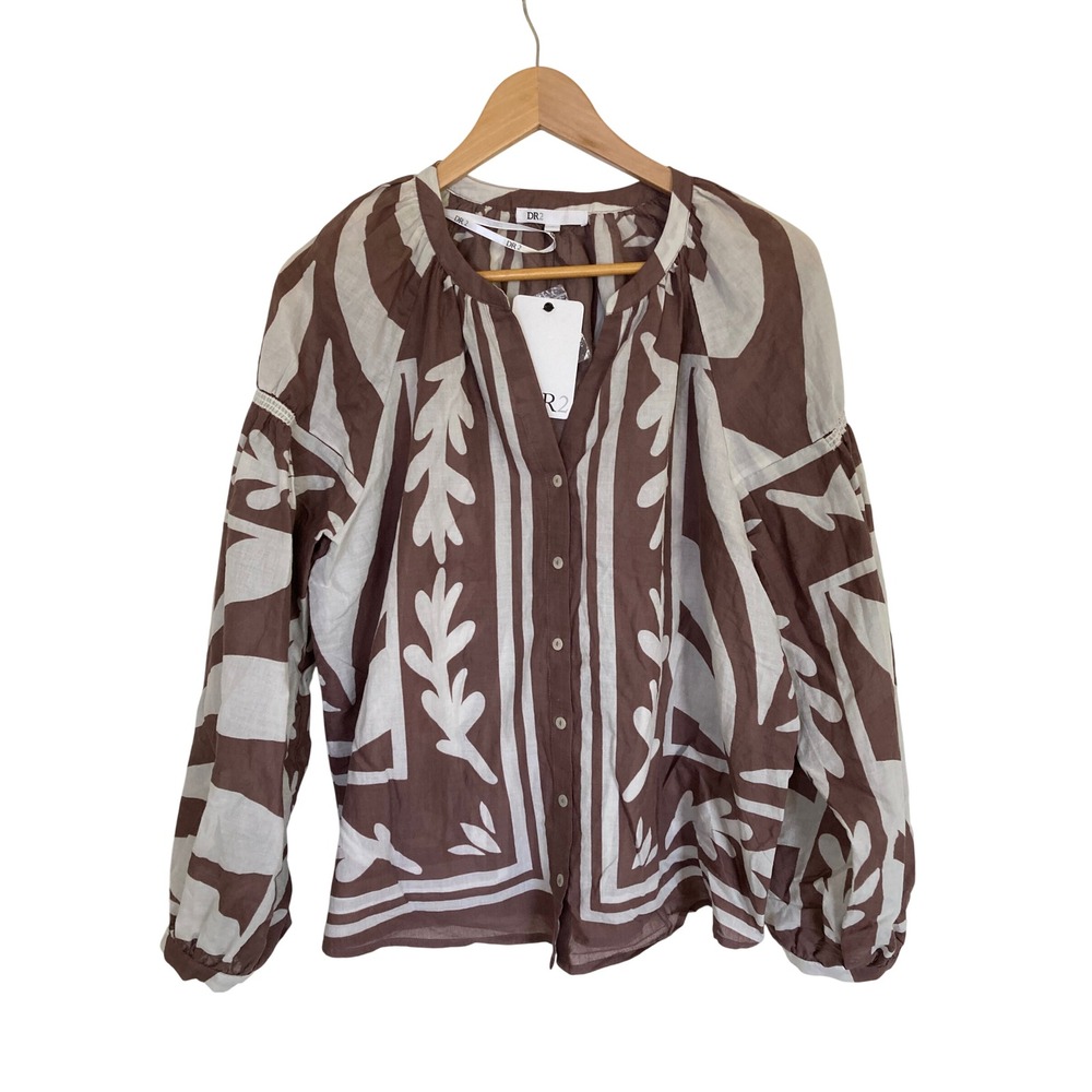 DR2 Brown White Cotton Block Print Leaf Blouse DR21589CNV New